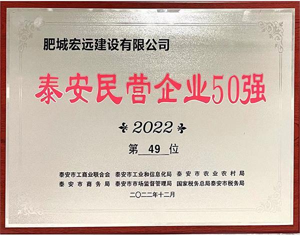 肥城宏遠建設有限公司入圍2022年度泰安民營(yíng)企業(yè)50強