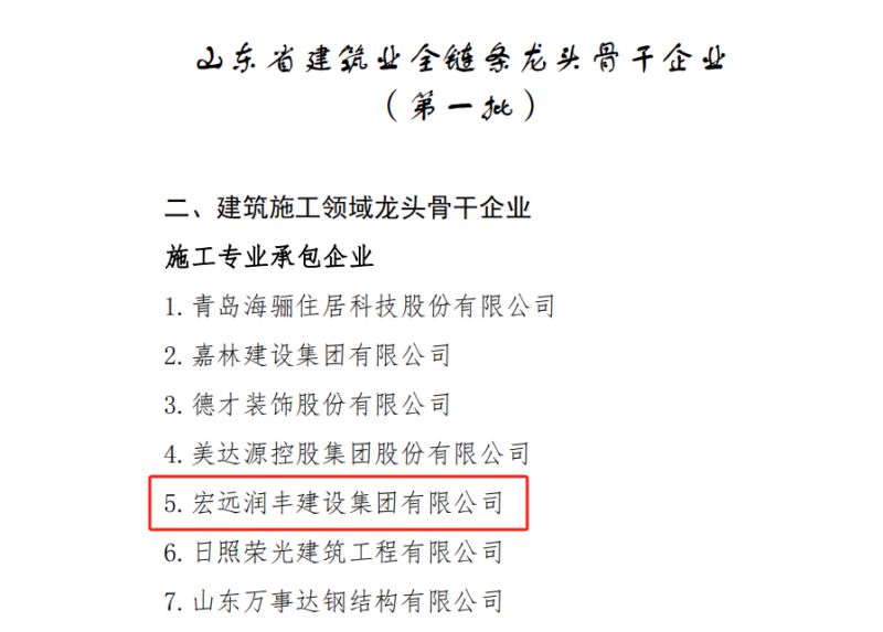喜報！宏遠潤豐建設集團有限公司榮獲山東省建筑業(yè)全鏈條龍頭骨干企業(yè)（外出施工領(lǐng)域類(lèi)）